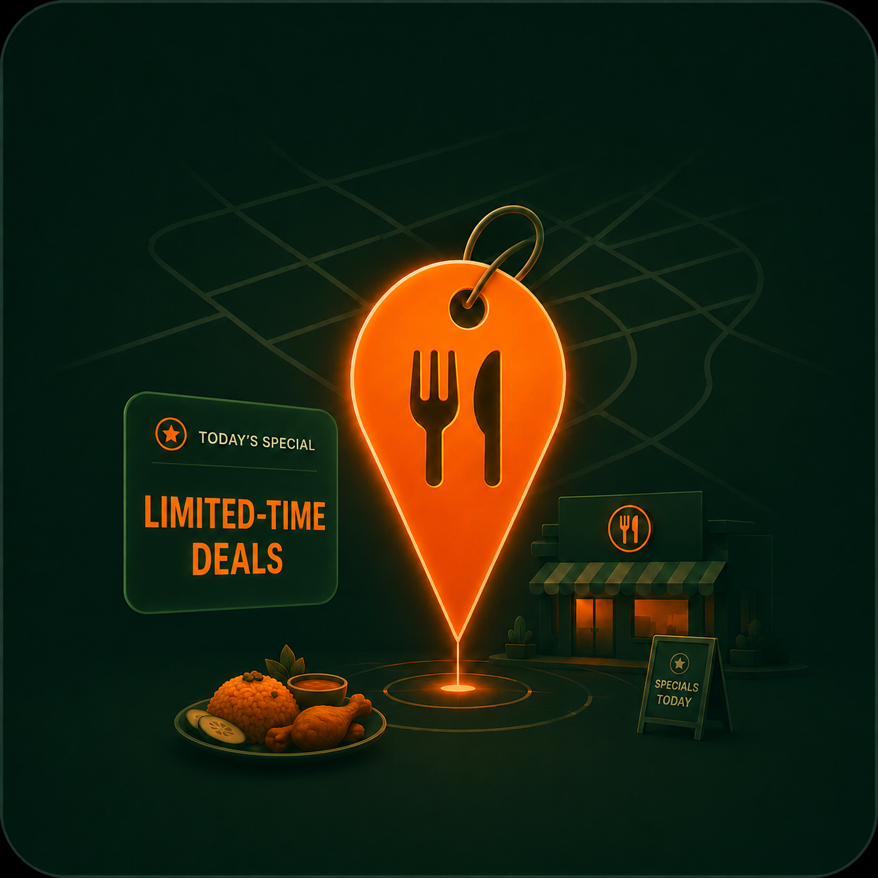 A glowing TownPlate specials marker beside a local restaurant, food plate, and limited-time deal signs